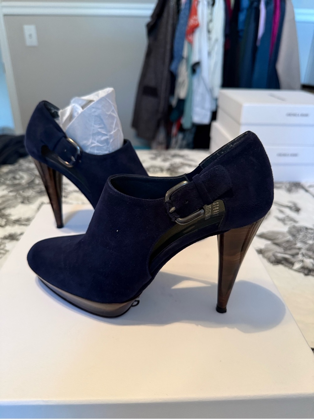 Stuart Weitzman velvet Women's Navy Suede High Heel Booties with Buckle